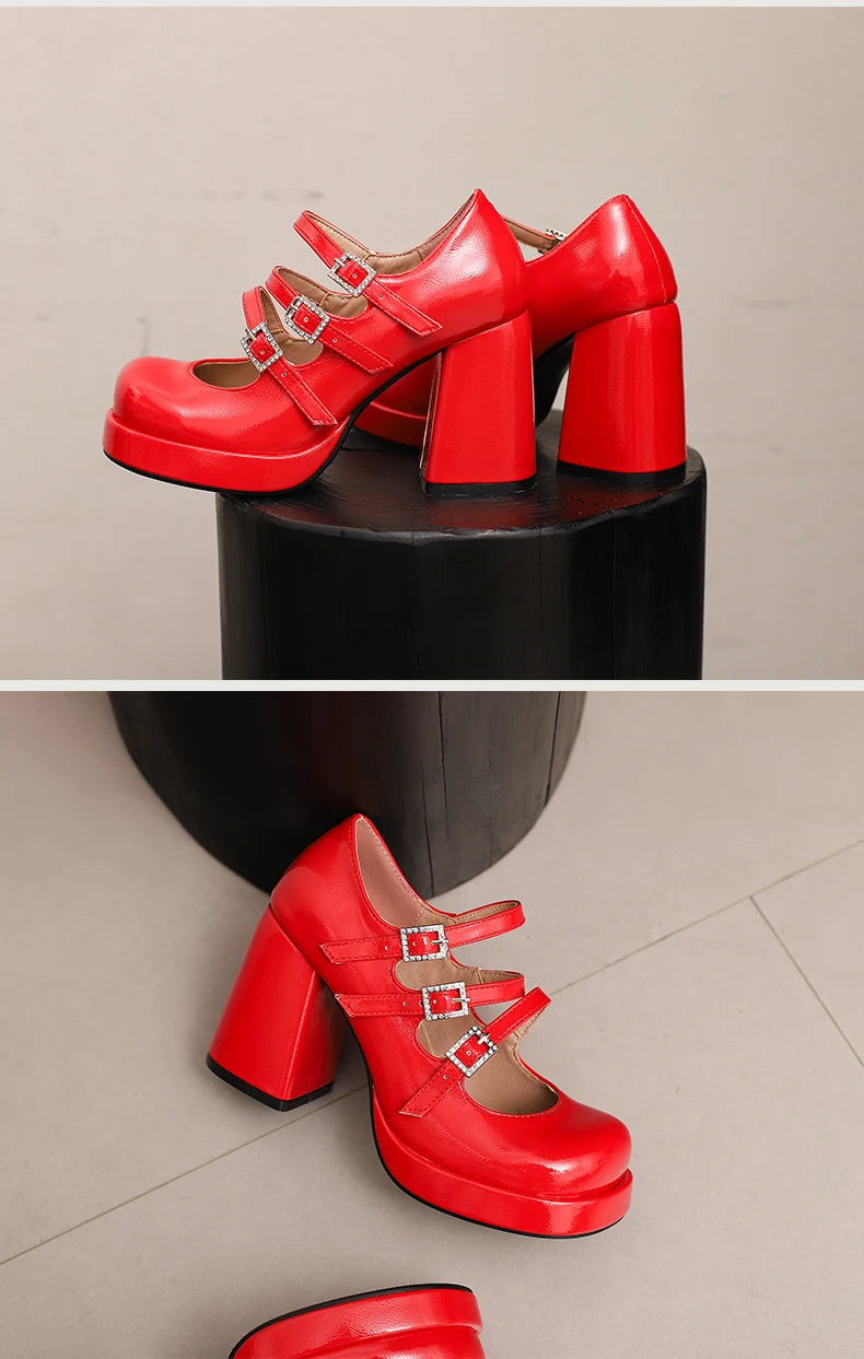 Plus Size Women Red Patent Leather Platform Mary Jane Shoes 3 Rhinestone Buckle Straps Chunky BlockY2K Lolita Party Pumps