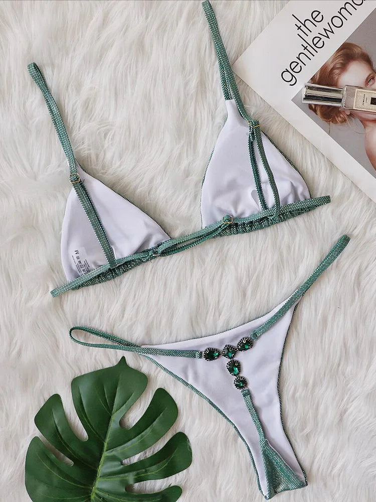 Extreme Mini Micro G String Diamond Bikini Women Swimsuit Female Swimwear Two Pieces Bikini Set Halter Bathing Suit Swim Lady