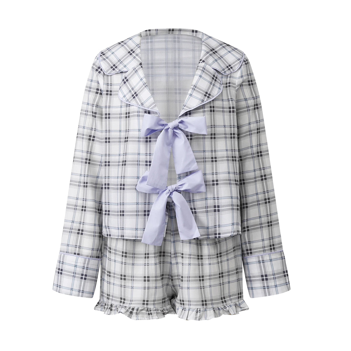 Women’s Cute Lounge Clothes Long Sleeve Bow Front Plaid Print Shirt + Shorts Set Summer Fall 2 Piece Pajamas Set