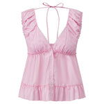 Women's Summer Solid Color Babydoll Tank Tops Button Down Stylish Lace Trim Loose Hem Deep V Neck Sleeveless Shirts