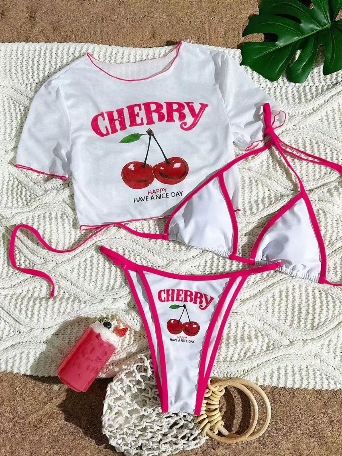 2026 Sexy 3 Piece Women Swimsuit Short-sleeve Cover-up Swimwear Summer Print Bikini Set Brazilian Beachwear Party Bathing Suit
