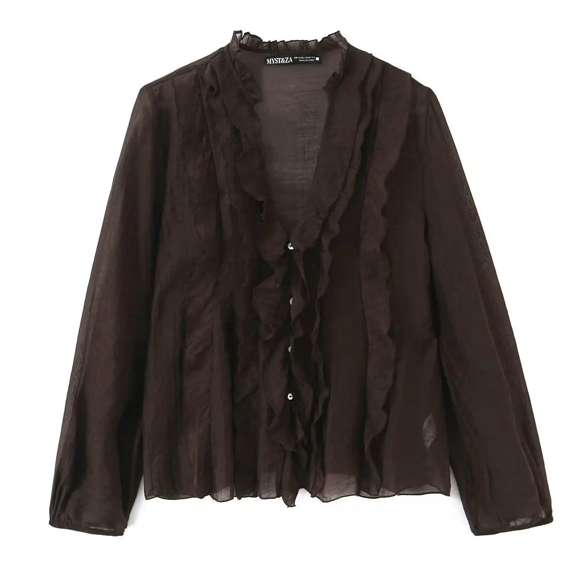 2026 Spring New Women Elegant Loose V Neck Wave Trim Polka Dot Blouse Thin Long Sleeve Top