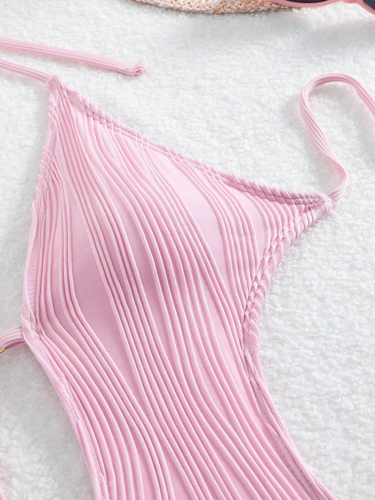 Sexy Halter V Neck Wrinkled Female Swimwear One Piece Swimsuit Women Backless Monokini High Leg Cut Bathing Suit Swim Beach Wear