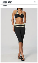 Summer Polka Dot Yoga Sets Women Hanging Neck Shockproof Sports Bra Fitness Suit Folding High Waist Mid Pants Gym Tracksuit