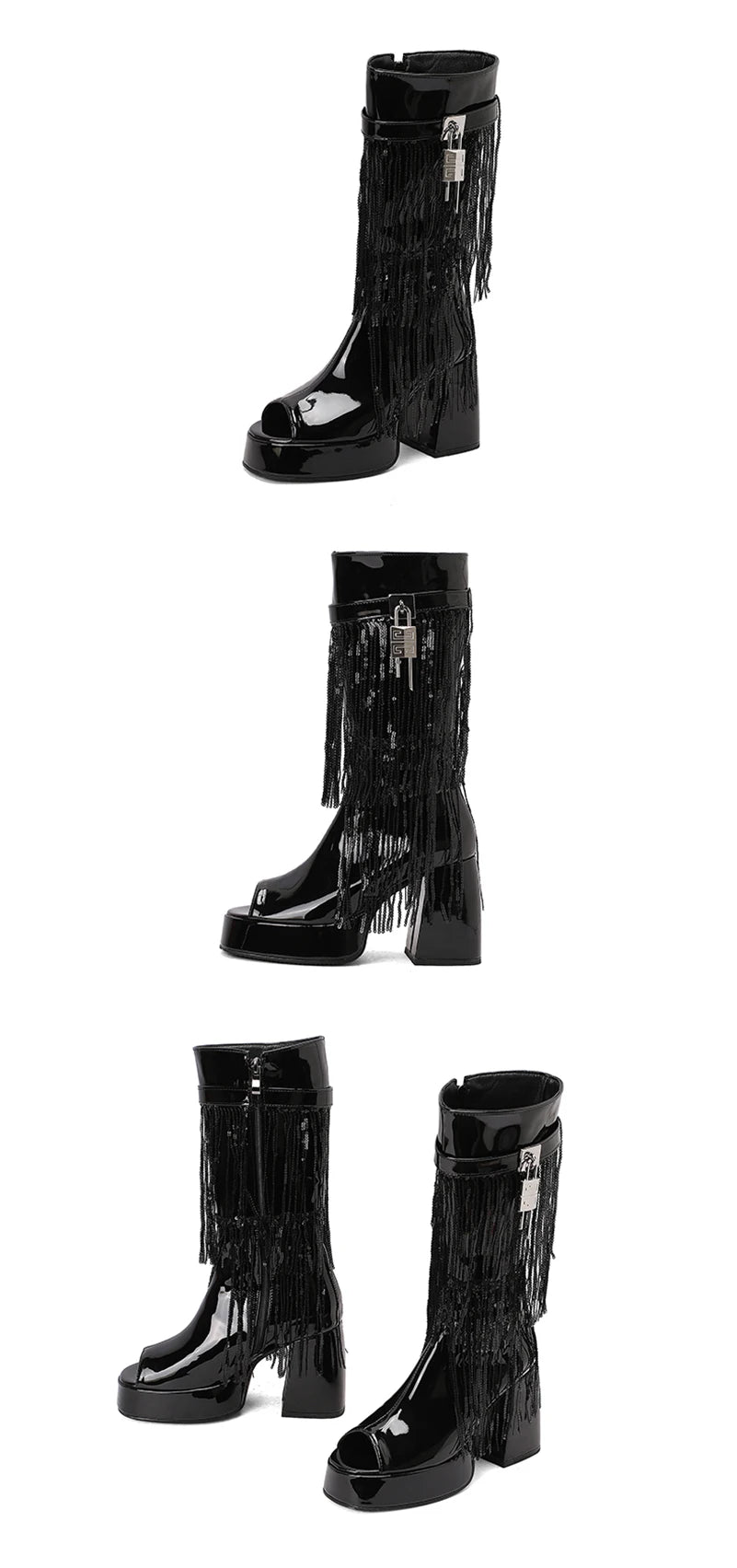 Plus Size Women White Patent Leather Fringe Tassel Mid Calf Boots Peep Toe Platform Block Heel Open Toe Party Club Heels