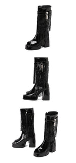 Plus Size Women White Patent Leather Fringe Tassel Mid Calf Boots Peep Toe Platform Block Heel Open Toe Party Club Heels