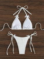 2026 New Solid White 2 Piece Swimsuit Sexy Bow Push Up Bra Triangle Bikini Set Beach Lace-up Thong Bathing Suit Micro Swimwear