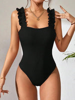 Sexy White Frill Trim Ruffled Ribbed Female Swimwear One Piece Swimsuit Women Monokini High Cut Bather Bathing Suit Swim Lady