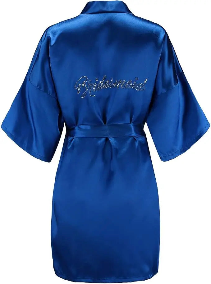 Women's Satin Kimono Robes with Rhinestones Bride Bridesmaid Short Getting Ready Wedding Dressing Gown