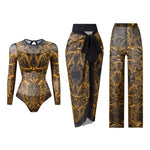 S - XXL 3PCS New Printed Long Sleeve With Pants Sarong Women Swimwear One Piece Swimsuit Female Bather Bathing Suit Swim K7180