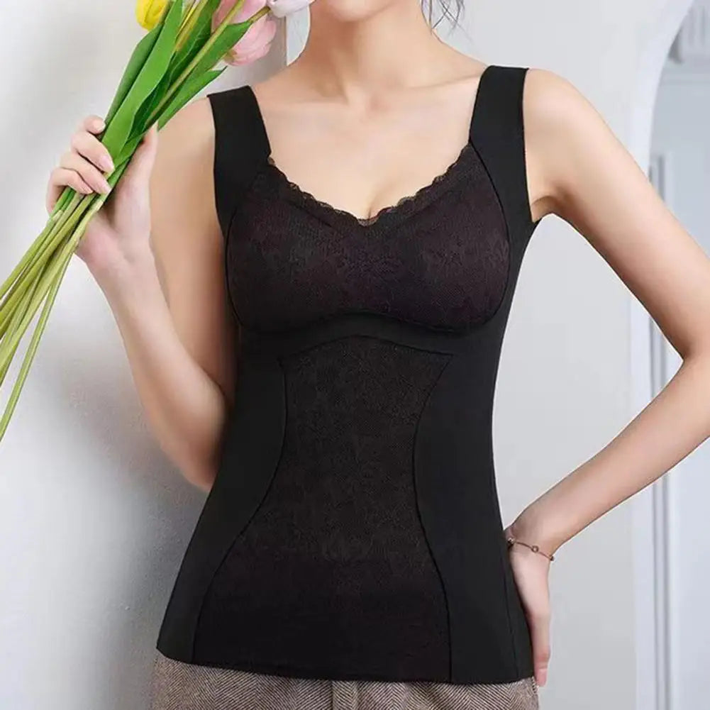 Warm Camisole Undershirts Sleeveless Thermal Tank Top for Women Fleece Lined Lace V Neck Base Layer with Built in Bra