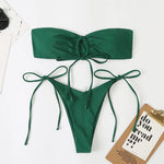 Sexy Bandeau Bikini Swimwear Women Red Black Pleate Lace Up Swimsuit 2024 Cut Out Beach Bathing Suit Tie Side Thong Bikinis Sets