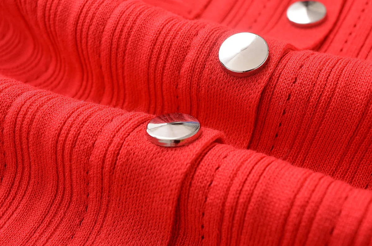 Foridol Red Knitted Polo Dress Autumn Winter Women Dress Casual Elegant Maxi A-line Hollow OutDress Slim Christmas Party