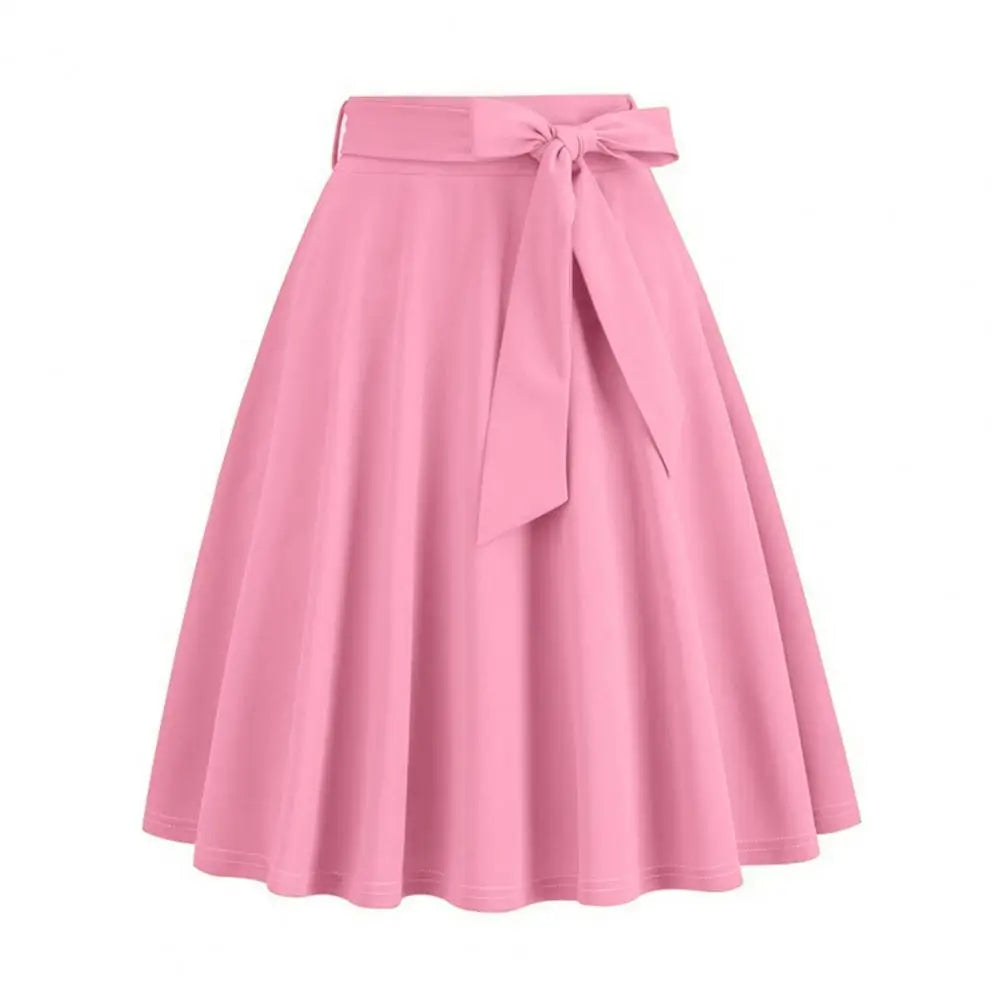 Women Skirt A-line Big Swing Belted Tight Waist Bow Decor Solid Color High Waist Soft Ruffle Summer Dating Party Midi Skirt