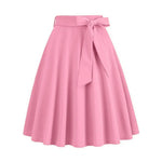 Women Skirt A-line Big Swing Belted Tight Waist Bow Decor Solid Color High Waist Soft Ruffle Summer Dating Party Midi Skirt