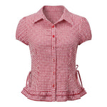 Women Plaid Shirts Button Down Puff Short Sleeve Lapel Neck Tops Fashion Slim Fit Ruffle Trim Blouses Summer