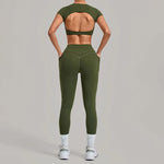 Women's Seamless Yoga Sets Sports Running High Waist Hip-lifting Pants Backless Short-sleeve Suits Workout Fitness Leggings Sets
