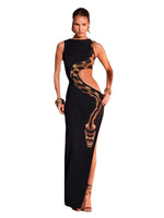 Snake Print Cut Out Slim Long Dress Women Fashion Sexy Package Hip Bodycon Slit Sleeveless Dresses Club Party Vestidos 2025 New