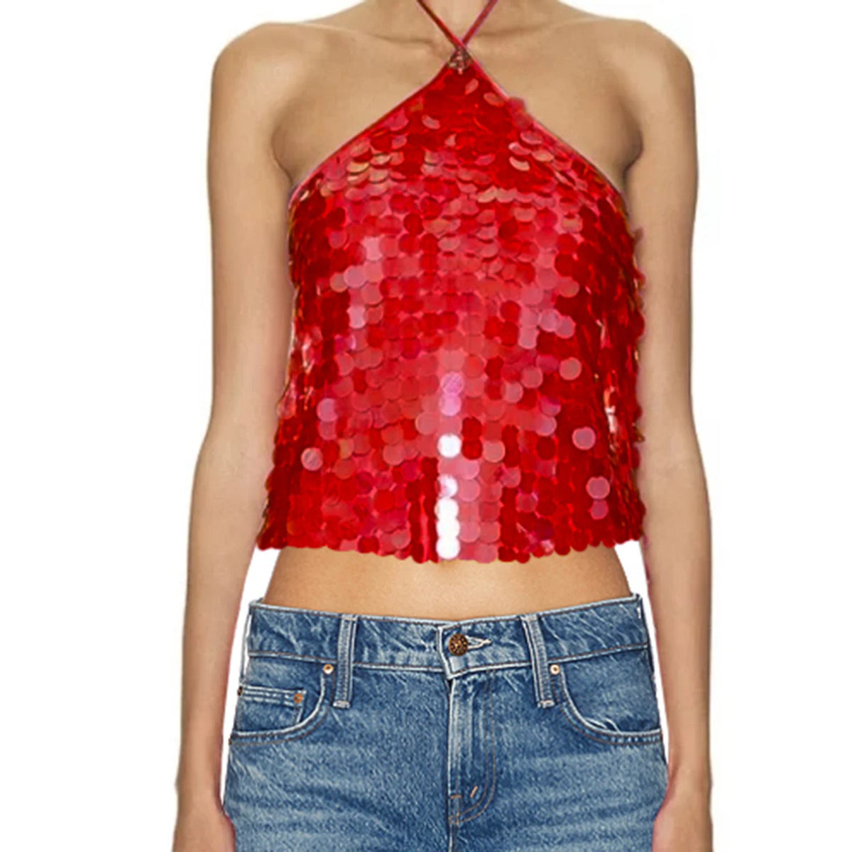 Women Solid Color Camis Tops Sequins Tie-Up Halter Neck Casual Summer Sleeveless Loose Fit Camisole Streetwear