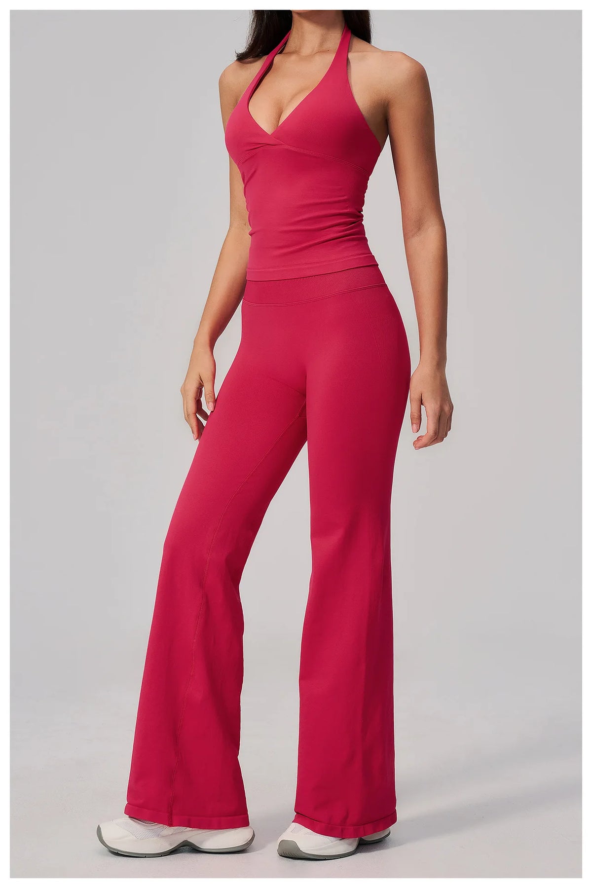 V-neck Yoga Sets Women Seamless Slimming Sports Tank Top High Waist Wide Leg Pants Fitness Suit Outwear Gym Running Tracksuit