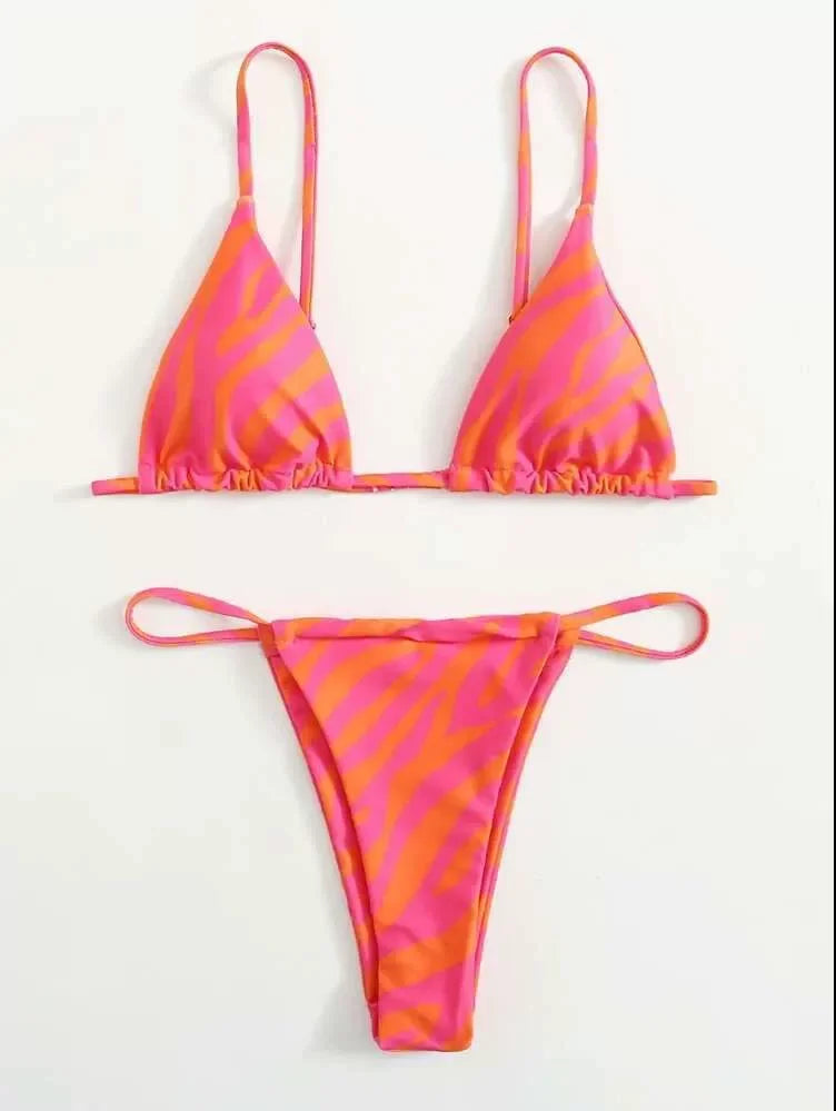 Women's Zebra Stripe Print Bikini Set Casual Sexy Backless Tie Swimwear Top Beach Vacation Two-Piece Swimsuit