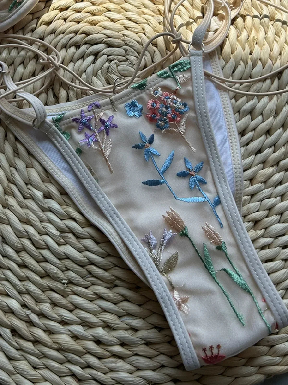 Sexy Pink Flower Embroidery Print Swimsuit Women 2025 Sexy Underwire Drawstring Bikini Set Summer Beach Bathing Suit Swimwear