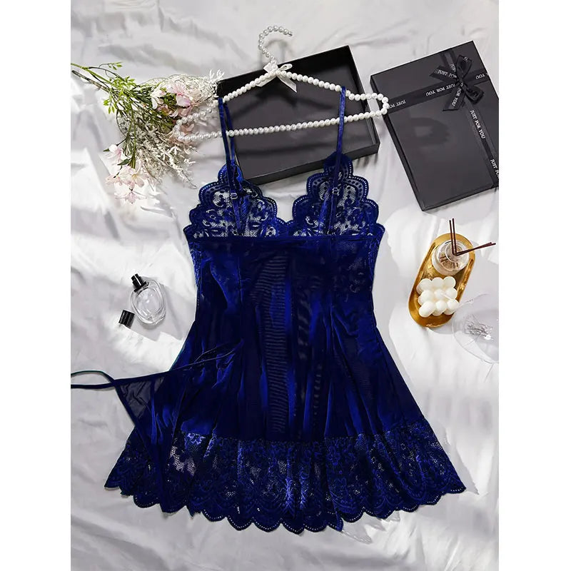 Summer Slim Women's Nightgown Hot Selling Set With Thong Sexy Sleepwear Exquisite Lingerie Transparent Night Skirt Tulle Dress
