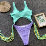 Splicing High Cut Out One Piece Swimsuit Women Tassel Swimwear Female Sexy Bathing Suit String Leopard Bikini 2025 Monokini Lady