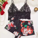 Women Floral Print 2 Piece Pajama Set Lace Spaghetti Strap Cami Top Bow Decor Satin Shorts Soft Silky Loungewear Ladies Sleepwea
