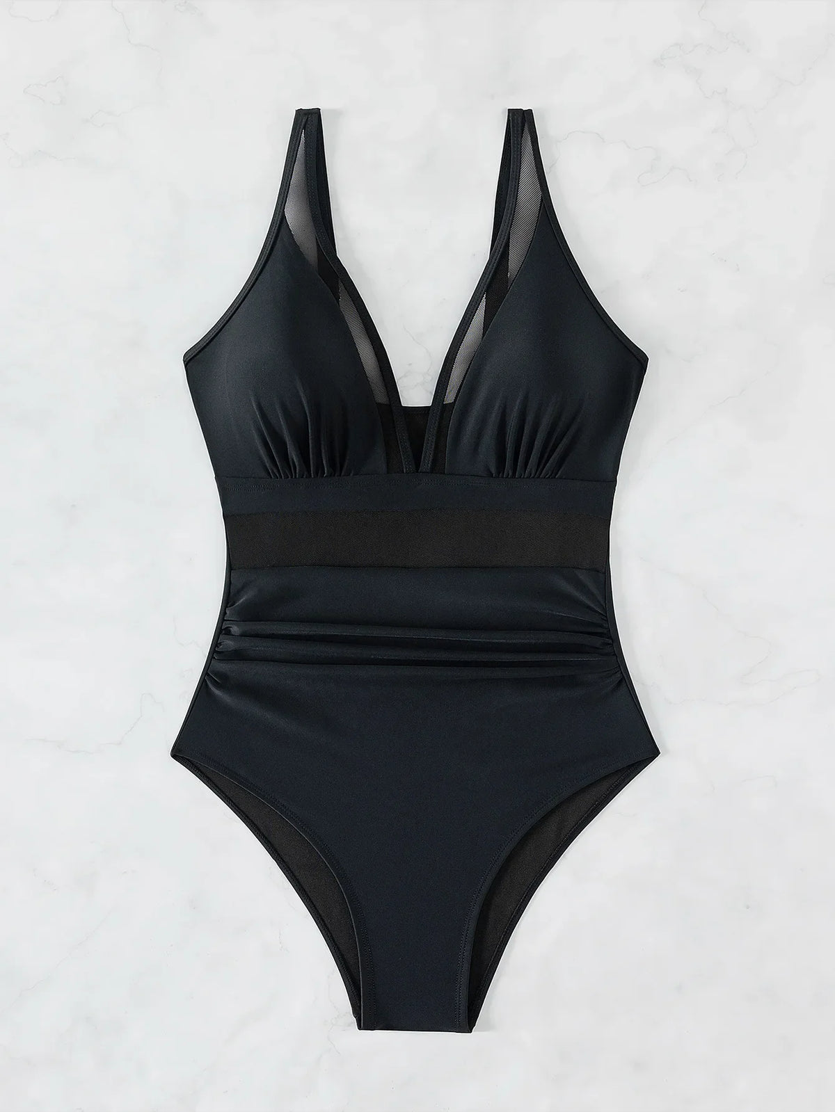 Sexy Black One Piece Swimsuit 2026 Women Mesh Patchwork Transparent Tummy Control Swimwear Bathing Suit See Through Monokini