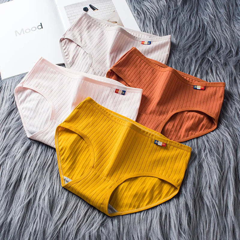 4Pcs/Set Women's Mid-Rise Cotton Panties Breathable Soft Ribbed Underwear Solid Lingerie Stretchy Comfort Daily Briefs M-XL