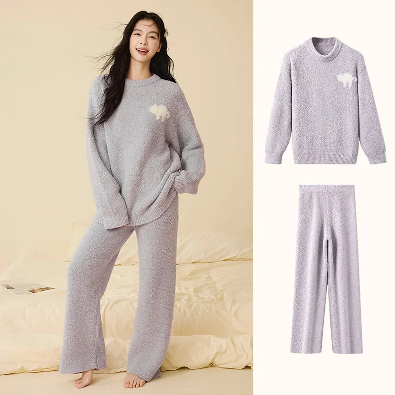 Women Autumn Winter Half Fleece Pajama Set Solid Round Neck Thick Warm Soft Casual Homewear Sleepwear Suit Wearable Outside