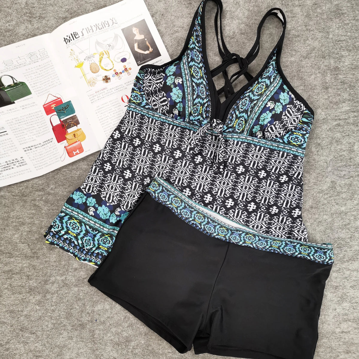 DEKA Women Plus Size Tankini SetFloral Print Swimwear Push Up Two Piece Top+Shorts Sports Swimsuit Beachwear Bathing Suit