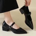 Mid-length Single Shoes Spring and Summer New Fashion Belt Buckle Pointed Toe Comfortable Shallow Toe Leather Shoes