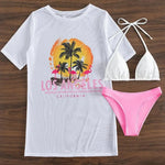 3Pcs/Set Summer Women Bikini Set Solid Color Halter Bra Low-rise Briefs Lace-up See-through Tropical Print Bathing Suit