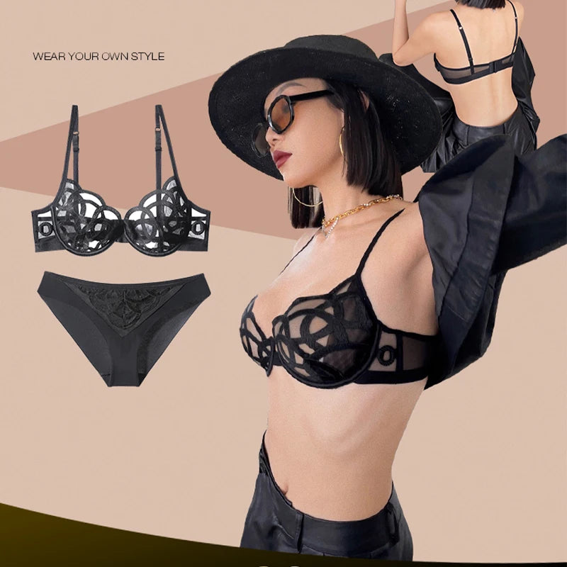 French Sexy Lingerie Set Women Ultra Thin Lace Breathable Bra Set Summer Soft Cup Comfort Underwear Bralette and Panties Thong