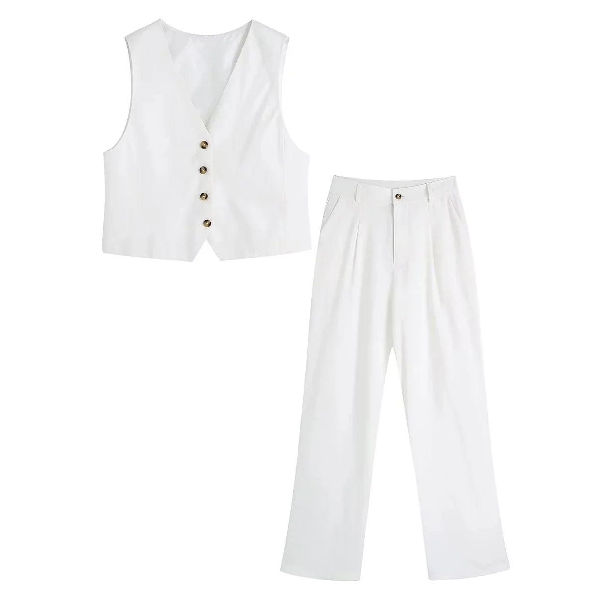Foridol White Cotton Linen Long Pants Set Sleeveless Vest Pants Suit Office Lay Autumn Summer Wide Leg Casual Fashion Set Outfit