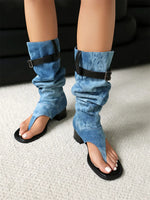 2025 Brand Plus Size 48 Trendy Denim Blue Gladiator Sandals Women Chic Black Chunky HeelsFashion Comfy Walk Summer Boot Shoes