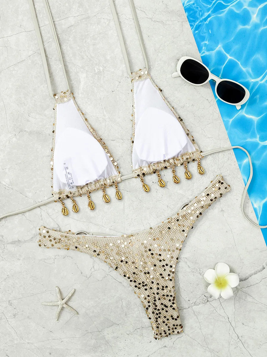 Shiny Sequins Halter Shells Bikini Female Swimsuit Women Swimwear Two-pieces Bikini Set Brazilian Bather Bathing Suit Swim Lady