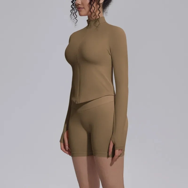 Women's Seamless Yoga Sets Sports Fitness Gym Zipper Long-Sleeve Jacket Hip Lift High-Waist Shorts Suits Workout Training Sets