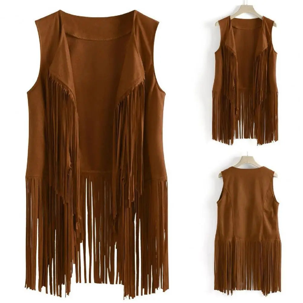 Open Front Tassel Cardigan Women's Fringe Vest Retro Sleeveless Jacket Cowgirl Western Outfits Outerwear