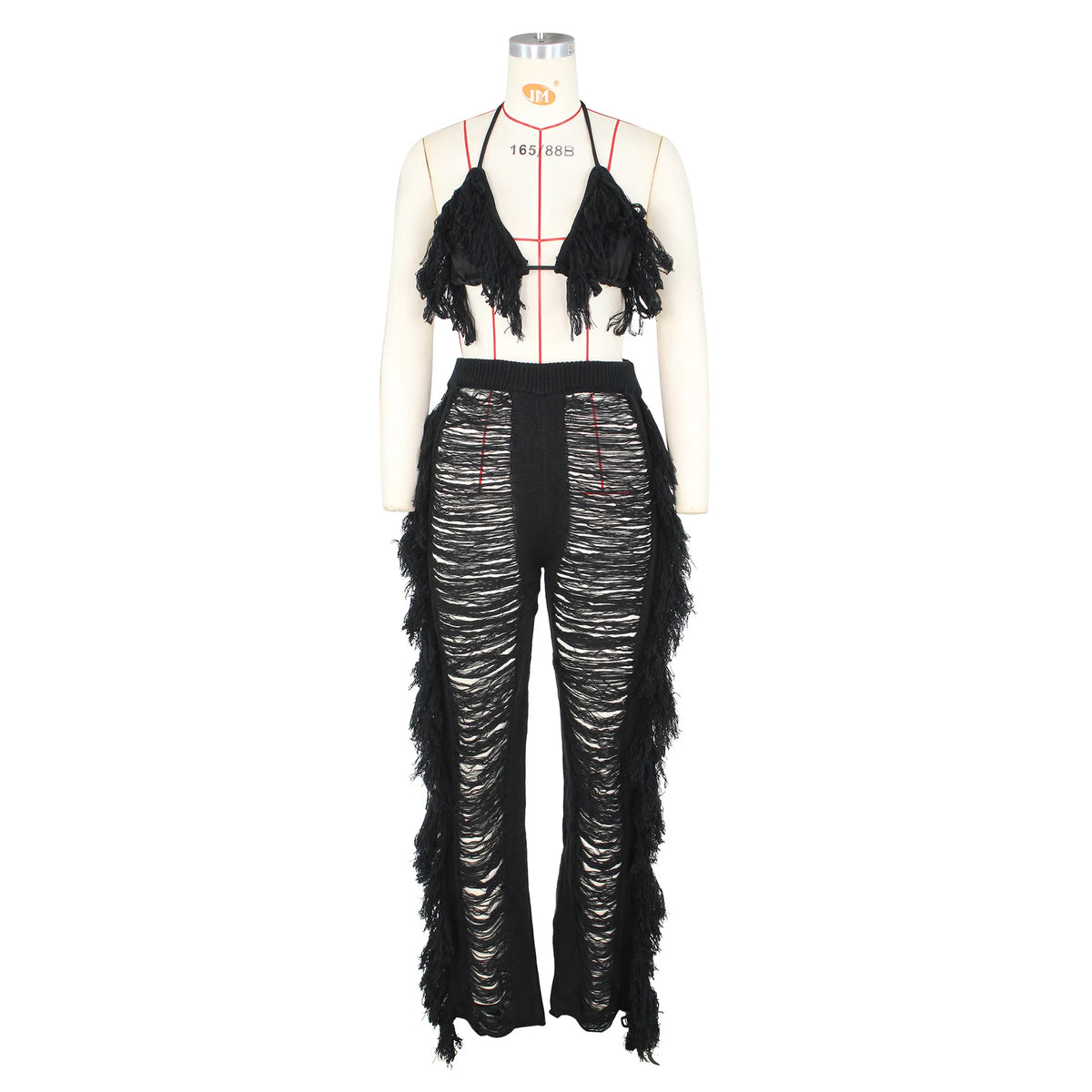 DEKAWomen Tassel Pants Knitted Bra Top Bikini Set Swimsuit Handemade Crochet Bikini Cover Up Tassel Beach Long Wrap Pant