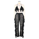 DEKAWomen Tassel Pants Knitted Bra Top Bikini Set Swimsuit Handemade Crochet Bikini Cover Up Tassel Beach Long Wrap Pant