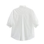 Women's Fashion Casual White Short Sleeve Shirt White Cotton Button Shirt Lapel Collar Half Sleeve Loose Fit Casual Blouse 8GDK