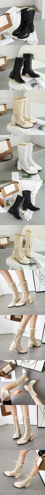 New Arrivals Big Size 43 Fashion White Lace Summer Boots Women Chic Black Square Med Heels Lace-up Mid-calf Boots Wedding Shoes