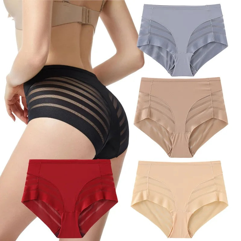 3Pcs/Set Shapewear Women Mid-Rise Shaping Briefs with Mesh Striped Back Plus Size Slimming Underwear Comfort Wear Panties M-3XL