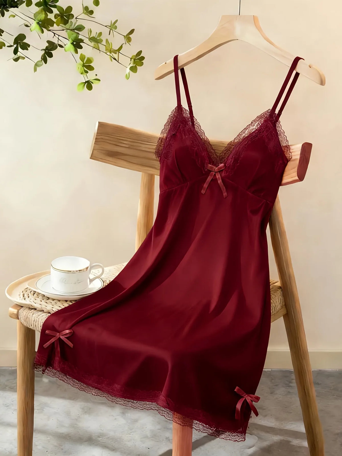 Women Satin Nightdress Lace Trim Slip Dress Spaghetti Strap Silky Nightgown Elegant Sleepwear Home Lingerie
