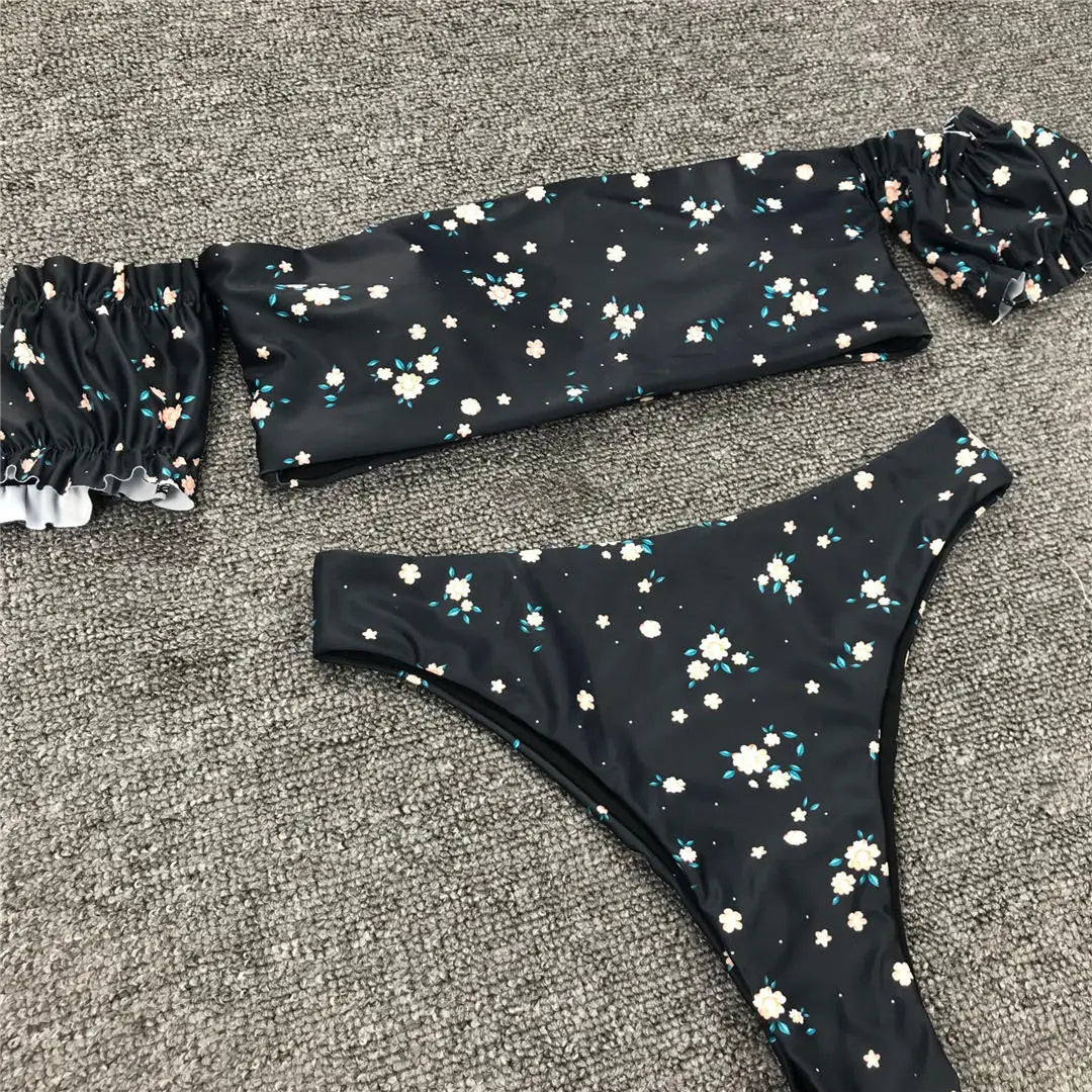 2026 Floral Off Shoulder Bikini Female Swimsuit Women Swimwear Two-Pieces Bikini Set Mid Waist Bather Bathing Suit Swim V1671