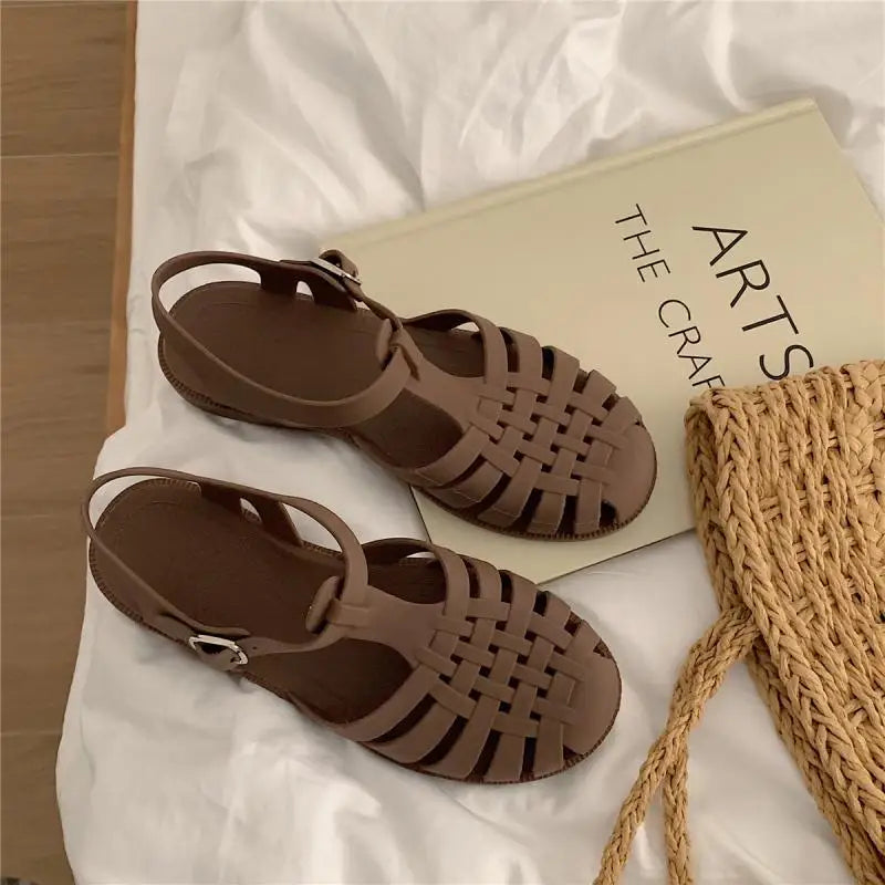 Women Rome Sandals Cut-out Gladiator Style Summer Shoes Soft PVC Peep Toe Girls Student Street Outdoor Sandals