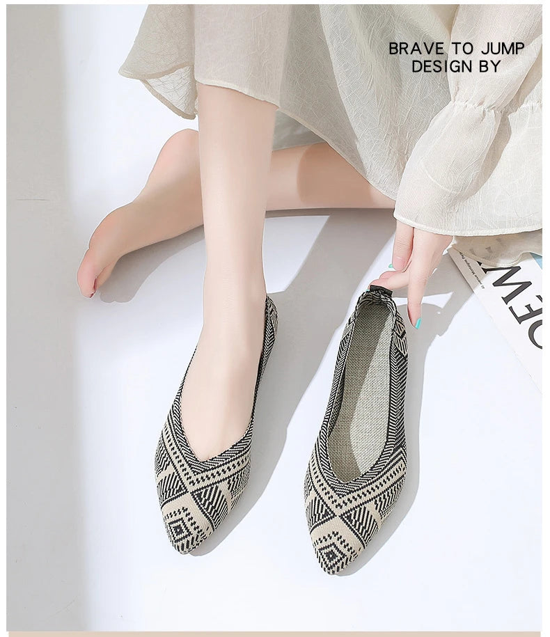 Elegant Leopard Knitted Ballet Flats Woman Pointed Toe Mesh Moccasins Ladies Fashion Walking Loafers Slip-on Soft Driving Shoes